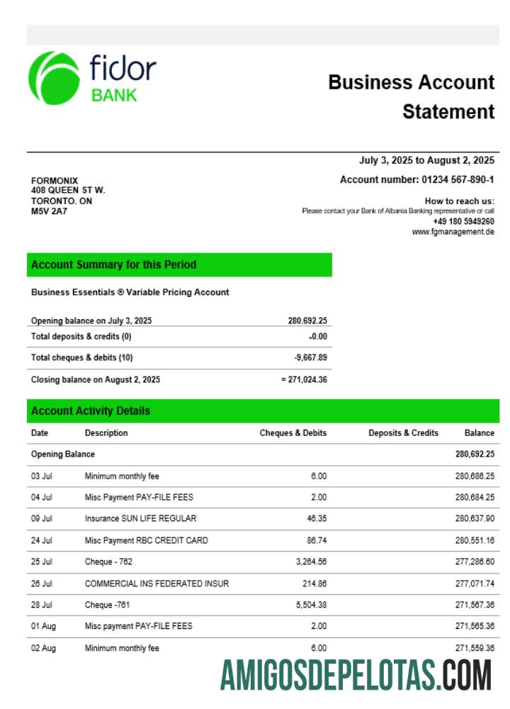 Modelo de extrato de conta de empresa de negócios do Fidor Bank Word Snd PDF
